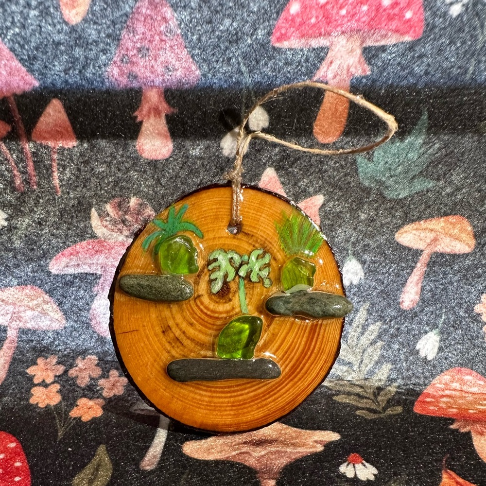 Wooden Face Wall Hanging with Green Accents made with sea glass and resin